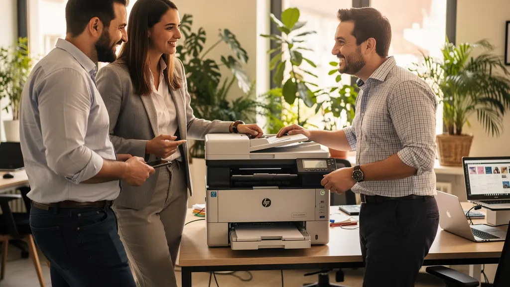 Équipe TPE utilisant espace de travail partagé avec équipement bureautique centralisé