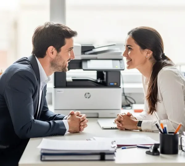 Collaborateurs PME travaillant dans espace bureautique moderne avec imprimante multifonction