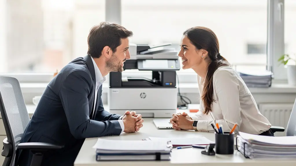 Collaborateurs PME travaillant dans espace bureautique moderne avec imprimante multifonction
