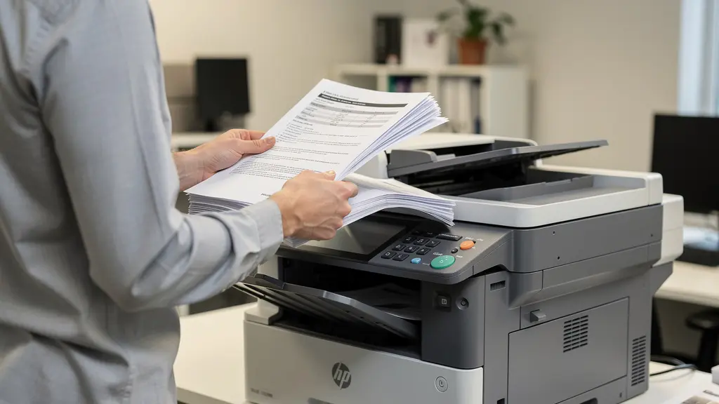 Employée récupérant documents sur imprimante multifonction laser professionnelle