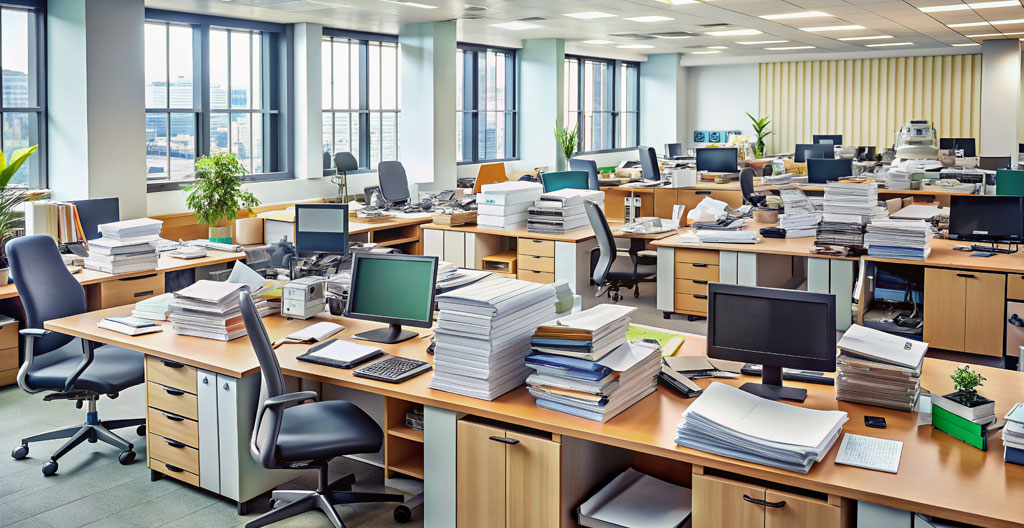 Espace de bureau désorganisé avec armoires basses saturées et documents empilés