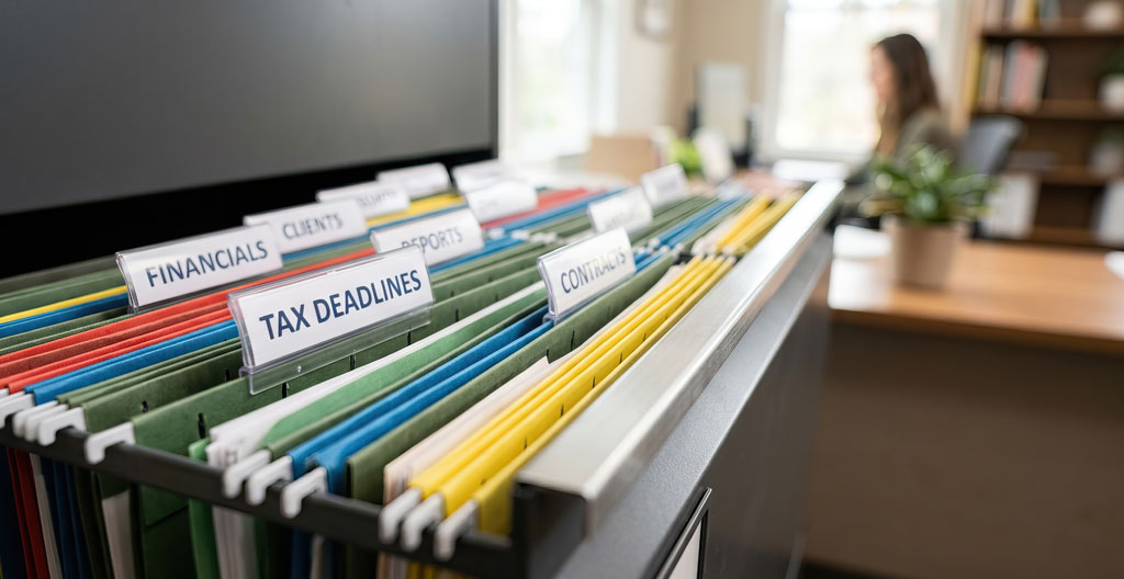 Bibliothèque de bureau modulable avec compartiments étiquetés et dossiers rangés