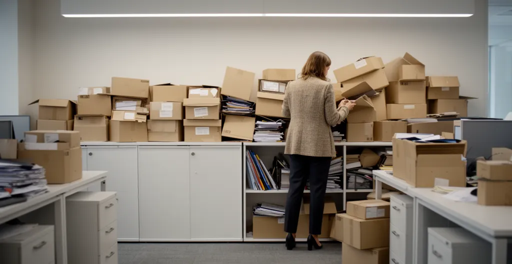Espace de bureau désorganisé avec armoires basses saturées et documents empilés
