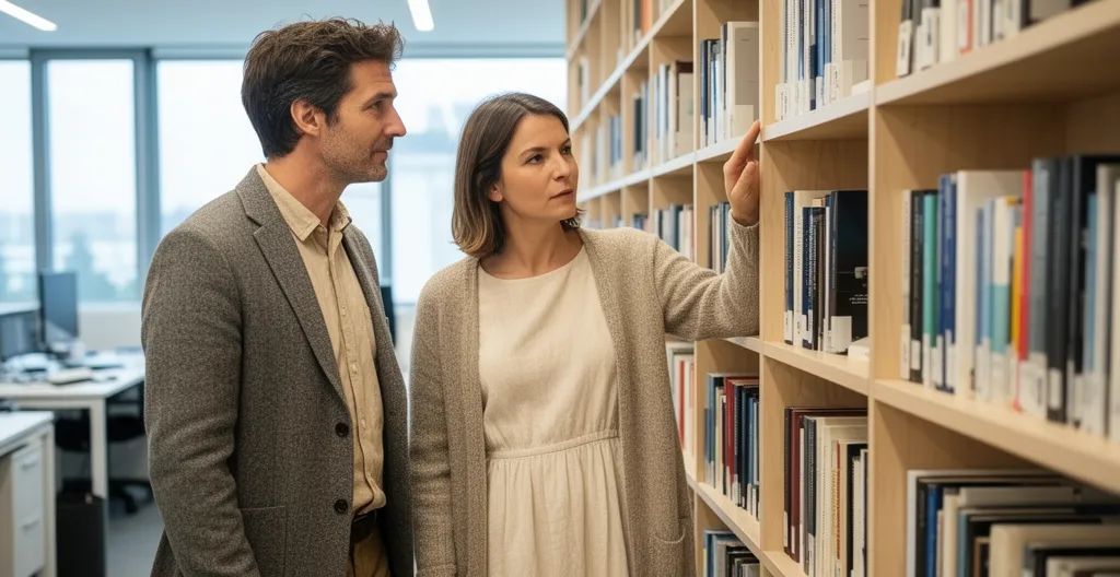 Deux collègues discutant de l'organisation d'une bibliothèque de bureau